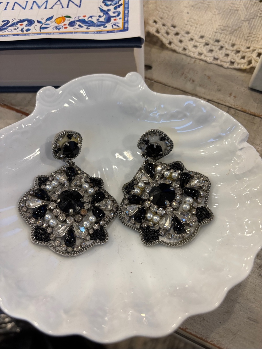 White House Black Market Black, Silver and Pearl Statement Floral Earrings